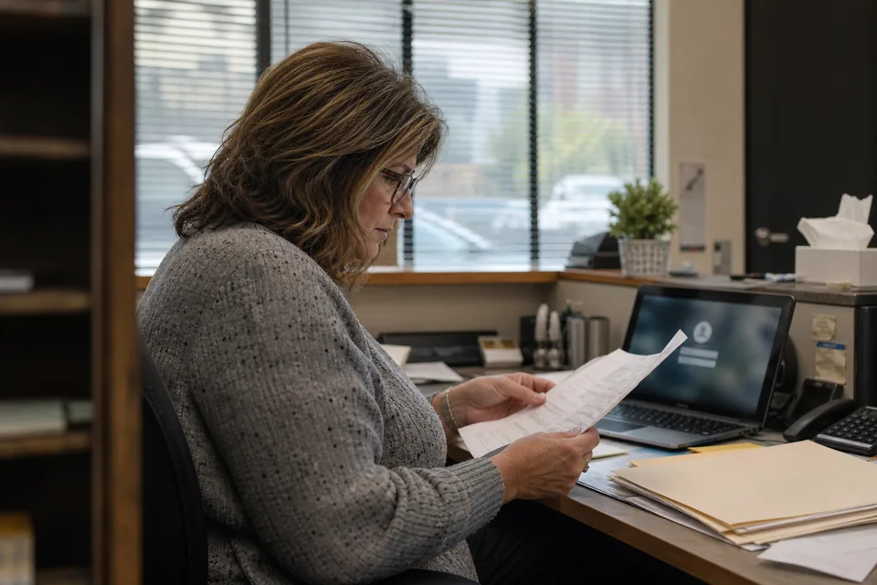 Office manager checking a job board account on a laptop with a printed vendor invoice