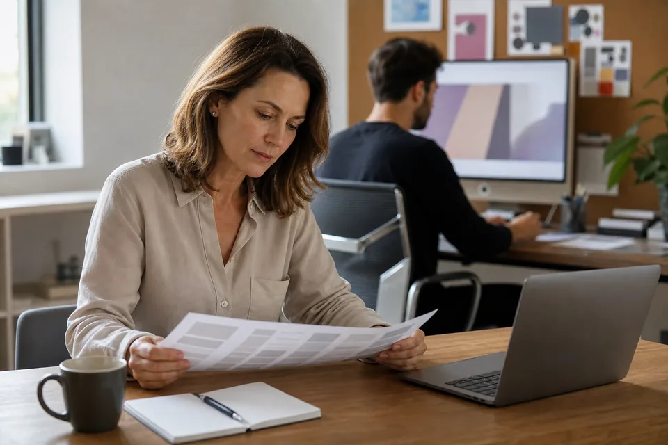 Marketing director reviewing a freelance designer weekly timesheet in a creative studio