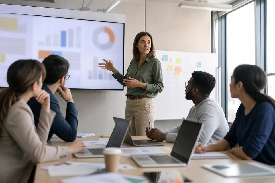 New marketing director presenting a quarterly plan to her team in the first weeks of the job