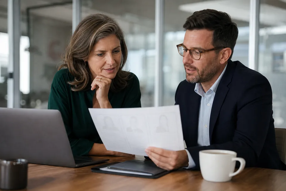 Chief executive reviewing a recruiter shortlist of marketing director candidates