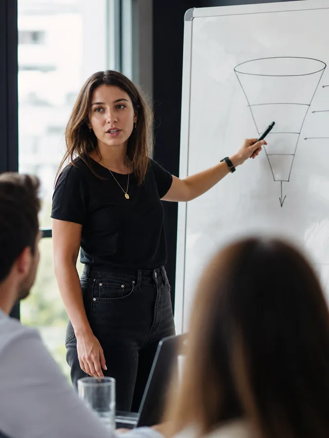 Growth marketer presenting a funnel on a whiteboard