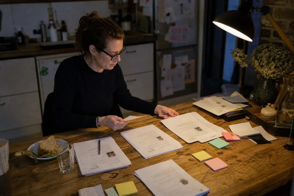 Marketing lead sorting printed candidate CVs into piles on a wooden table