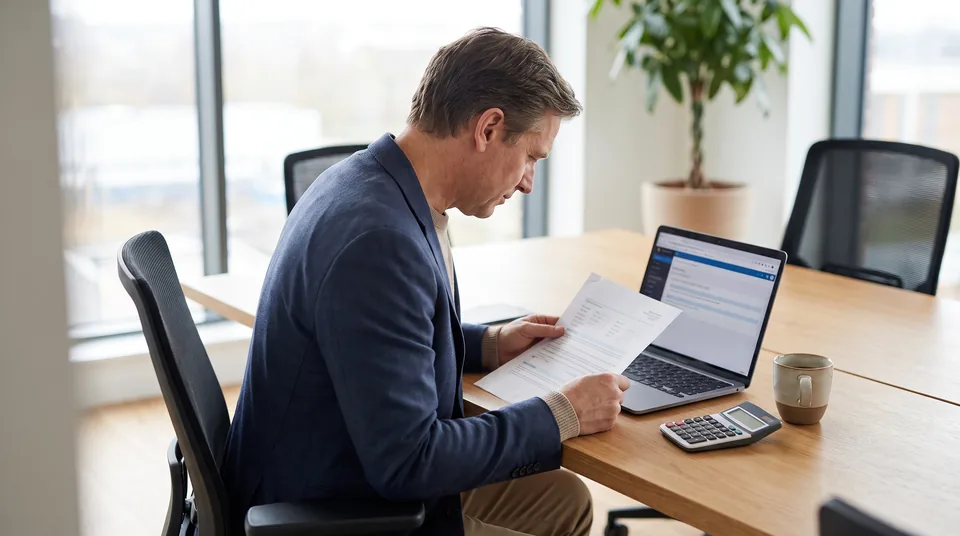 Hiring manager comparing a staffing agency invoice with a job posting on a laptop