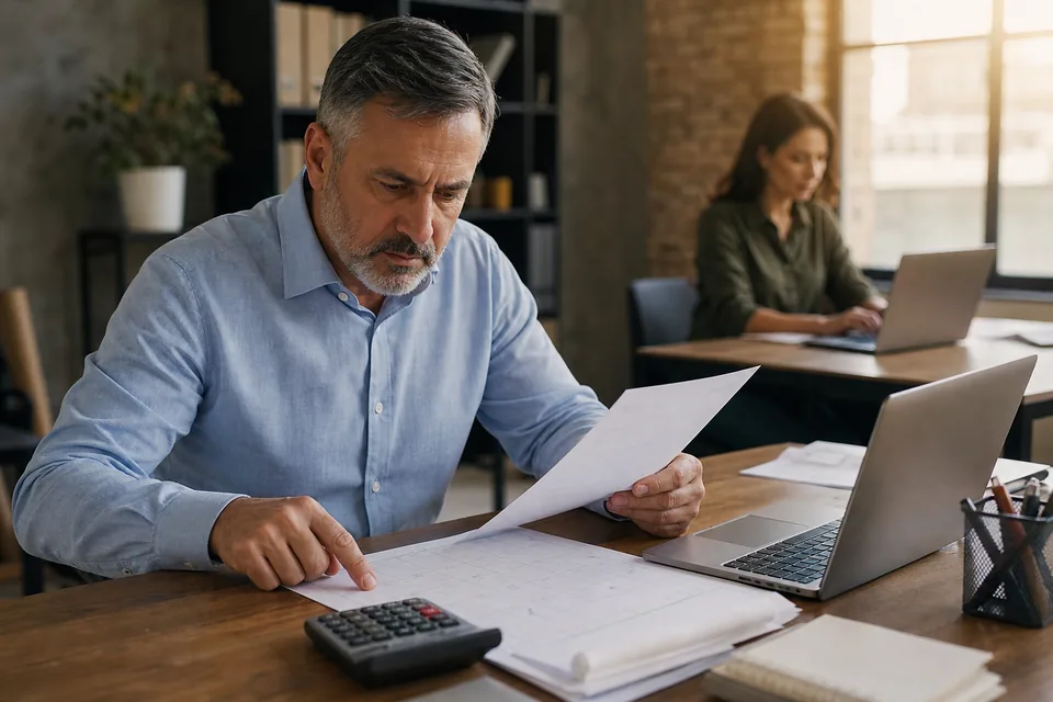 Business owner checking a staffing agreement against a calendar before converting a contract marketer